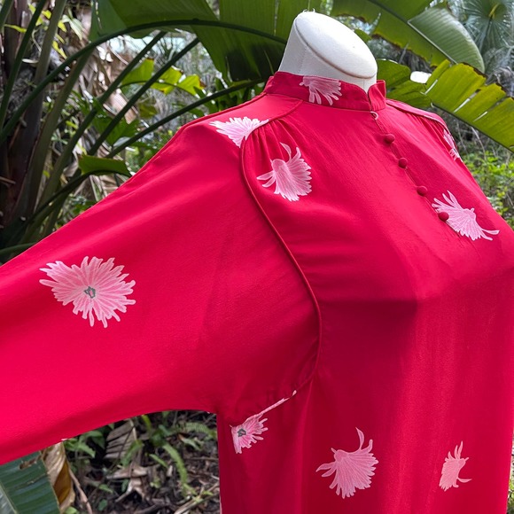 Vintage 70s Red Silk Asian Inspired Dress Floral Long Sleeve Rita Angelo M L - Picture 9 of 13